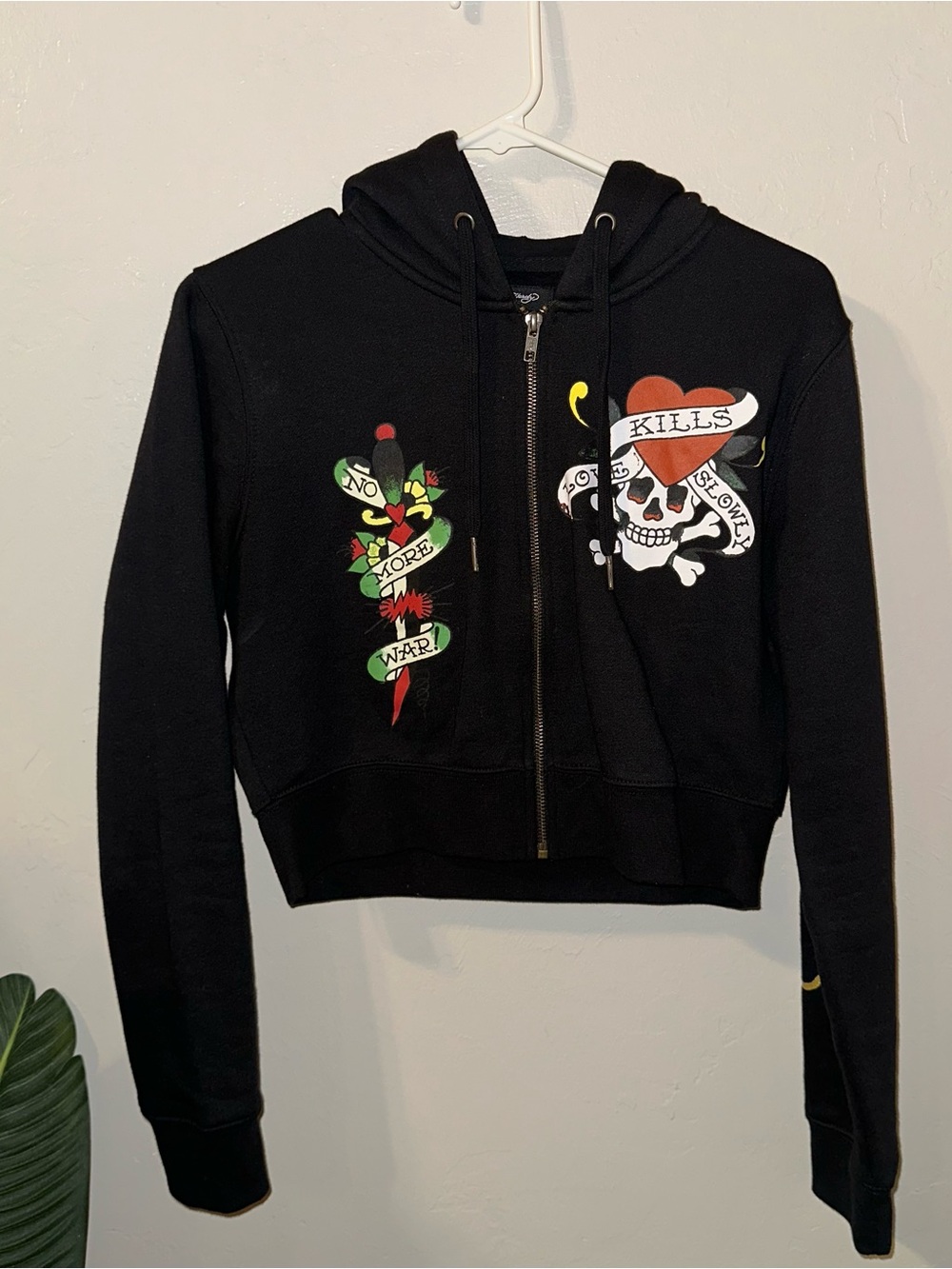 Ed Hardy Black Zip Hoodie with Red & Green Tattoo Graphics
